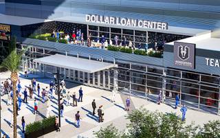 An artist's rendering is displayed during an arena-naming news conference in Henderson Tuesday, March 30, 2021. The Silver Knights, the AHL affiliate of the Golden Knights, announced the under-construction arena in Henderson will be called the Dollar Loan Center.