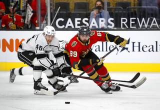 Vegas Golden Knights right wing Alex Tuch (89) skates against Los Angeles Kings center Blake Lizotte (46) in the second period of a game in T-Mobile Arena Wednesday, March 31, 2021.