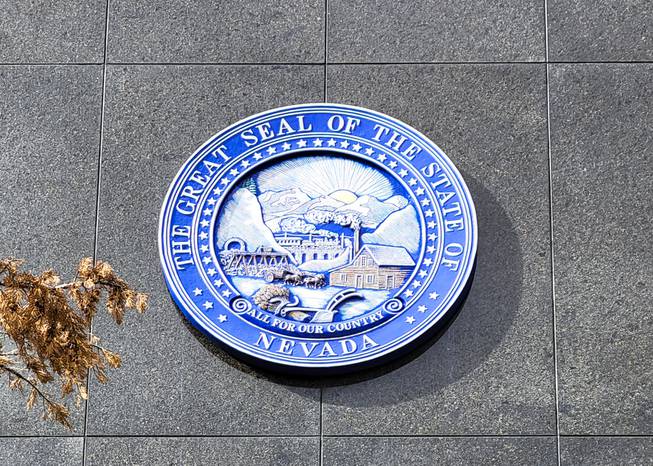 The Nevada State Seal outside the Legislature building in Carson City, NV Friday, April 2, 2021.