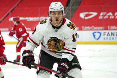 Chicago Blackhawks center Mattias Janmark plays against the Detroit Red Wings on Wednesday, Feb. 17, 2021, in Detroit. 