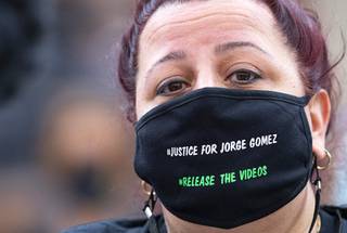 Jeanne Llera, mother of Jorge Gomez, attends a Police Fatality Public Fact-Finding Review of the death of Gomez at the Clark County Government Center Friday, April 16, 2021. Jorge A. Gomez was shot and killed by Las Vegas Metro police officers during a Black Lives Matter protest in downtown Las Vegas on June 1, 2020.