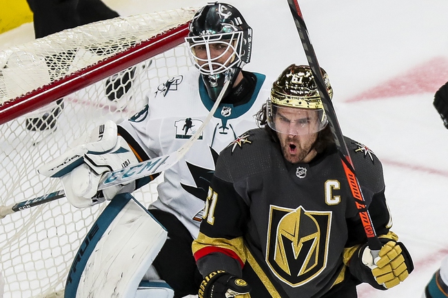 Vegas Golden Knights right wing Mark Stone (61) celebrates after scoring against San Jose Sharks goaltender Martin Jones (31) during an NHL Hockey game at T-Mobile Arena, Monday, April 19, 2021.