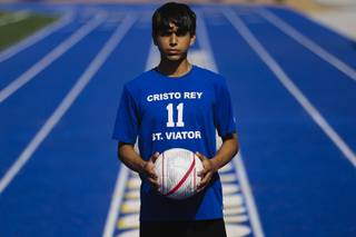 Soccer player Enrique Reyes-Avila poses for a photo at Cristo Rey St. Viator College Prepatory in North Las Vegas, Wednesday, April 21, 2021.
