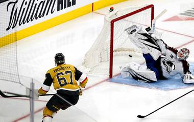 Vegas Golden Knights left wing Max Pacioretty (67) scores past Colorado Avalanche goaltender Devan Dubnyk (40) in the third period of a game at T-Mobile Arena Wednesday, April 28, 2021.