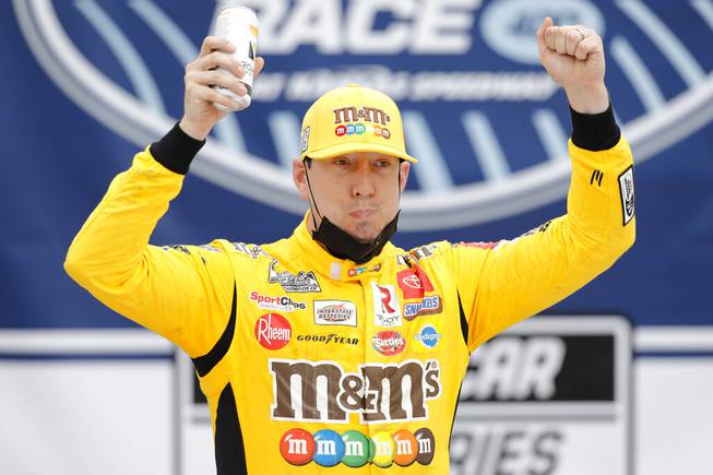 Kyle Busch celebrates in Victory Lane after winning a NASCAR Cup Series auto race at Kansas Speedway in Kansas City, Kan., Sunday, May 2, 2021. 

