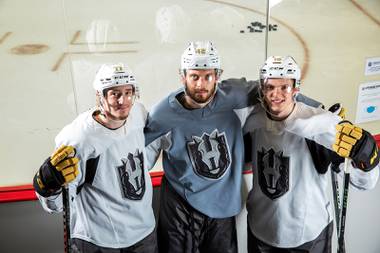 Henderson Silver Knights’ Maxim Marushev, of Saratov, Russia; Daniil Miromanov, of Moscow, and Pavel Dorofeyev, of Nizhny Tagil, Russia, are shown before practice at Lifeguard Arena in Henderson, Tuesday, May 4, 2021.