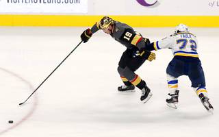 St. Louis Blues defenseman Justin Faulk (72) gets penalized after hooking Vegas Golden Knights right wing Reilly Smith (19) in the third period of a game at T-Mobile Arena Friday, May 7, 2021.