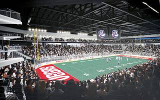 An artist's rendering is displayed during a news conference at the Dollar Loan Center arena, under construction in Henderson, Tuesday, May 11, 2021. Bill Foley, owner of the Vegas Golden Knights and Henderson Silver Knights, and Dollar Loan Center founder and CEO Chuck Brennan announced the purchase of an Indoor Football League franchise.