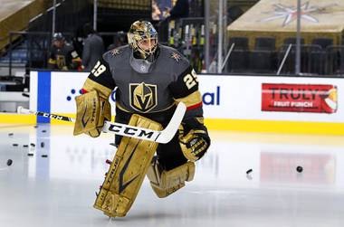 Vegas Golden Knights goaltender Marc-Andre Fleury (29) skates onto the ice for warmups before Game 2 of a Stanley Cup playoff series against the Minnesota Wild at T-Mobile Arena Tuesday, May 18, 2021.