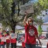 Labor groups demonstrate at the Nevada Statehouse on Tuesday, May 18, 2021. They urged lawmakers to pass a bill guaranteeing workers laid off during the pandemic a "right to return" and first priority when resorts need to rehire workers.