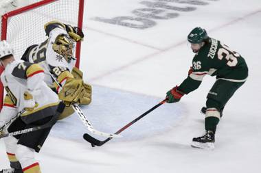 Vegas Golden Knights goaltender Marc-Andre Fleury (29) stops a shot by Minnesota Wild right wing Mats Zuccarello (36) during the first period in Game 6 of an NHL hockey Stanley Cup first-round playoff series Wednesday, May 26, 2021, in St. Paul, Minn. (AP Photo/Andy Clayton-King)