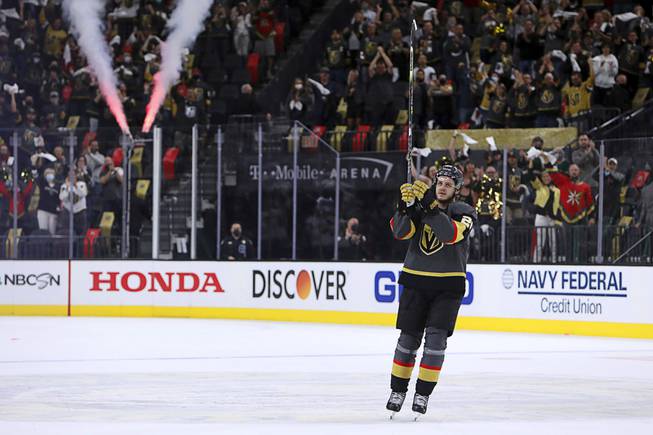 Vegas Golden Knights center Mattias Janmark thanks fans after the Golden Knights defeated the Minnesota Wild in Game 7 of an NHL hockey Stanley Cup first-round playoff series Friday, May 28, 2021, in Las Vegas. Janmark scored a hat trick.