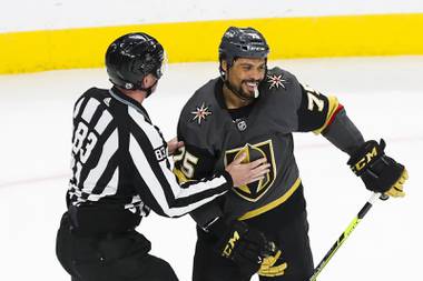 Vegas Golden Knights right wing Ryan Reaves (75) after being pulled out of a fight during the first period of Game 7 of an NHL hockey Stanley Cup first-round playoff series against the Minnesota Wild at T-Mobile Arena Friday, May 28, 2021.