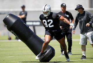 Las Vegas Raiders defensive tackle Solomon Thomas (92) runs a drill during an off-season practice at the Raiders practice facility in Henderson Wednesday, June 2, 2021.