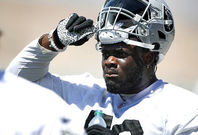 Las Vegas Raider offensive lineman Alex Leatherwood (70)  is shown during an off-season practice at the Raiders practice facility in Henderson Wednesday, June 2, 2021.