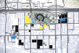 A map of parking lots is displayed during a news conference outside Allegiant Stadium Thursday, June 3, 2021. The Las Vegas Raiders announced details of the Allegiant Stadium transportation and parking program for the 2021-22 season.