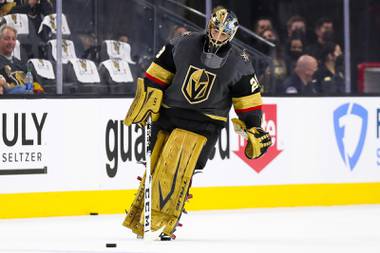 Vegas Golden Knights goaltender Marc-Andre Fleury (29) warms up prior to Game 3 of an NHL hockey Stanley Cup second-round playoff series against the Colorado Avalanche at T-Mobile Arena Friday, June 4, 2021.