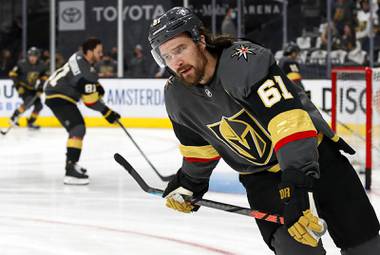 Vegas Golden Knights right wing Mark Stone (61) warms up before Game 4 of an NHL hockey Stanley Cup second-round playoff series against the Colorado Avalanche at T-Mobile Arena Sunday, June 6, 2021. 