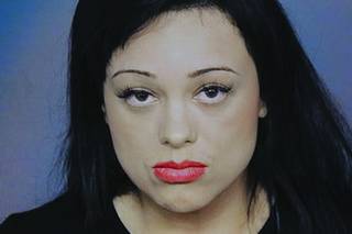 Samantha Moreno Rodriguez's mugshot is displayed during a press conference at Las Vegas Metropolitan Police Department Tuesday, June 8, 2021.