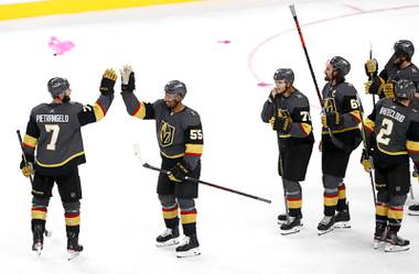 Golden Knights defenseman Alex Pietrangelo (7) and right wing Keegan Kolesar (55) celebrate after defeating the Colorado Avalanche in Game 6 of their second-round playoff series at T-Mobile Arena Thursday, June 10, 2021. 