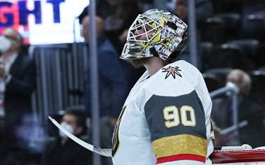 Vegas Golden Knights goaltender Robin Lehner (90) looks on after giving up a goal to the Colorado Avalanche in the second period of Game 1 of an NHL hockey Stanley Cup second-round playoff series Sunday, May 30, 2021, in Denver. (AP Photo/Jack Dempsey)