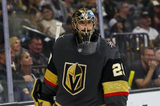 Vegas Golden Knights goaltender Marc-Andre Fleury (29) stands on the ice during the second period in Game 1 of an NHL hockey Stanley Cup third-round playoff series against the Montreal Canadiens at T-Mobile Arena Monday, June 14, 2021.