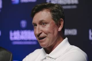 Co-owner Wayne Gretzky is interviewed by the media during a launch event for Las Vegas' first major-league professional lacrosse team held at Michelob ULTRA Arena Monday, June 21, 2021.