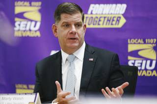U.S. Secretary of Labor Marty Walsh meets with members of the Nevada SEIU Local 1107 labor union in Las Vegas Wednesday, June 23, 2021.