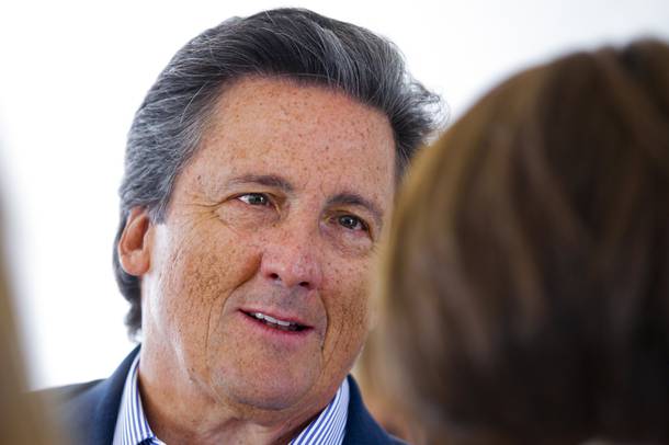 Bill Hornbuckle, CEO and President, MGM Resorts International speaks to Sen. Catherine Cortez Masto, D-NV, during the launch of the 100-megawatt MGM Resorts Mega Solar Array Monday, June 28, 2021. The solar array facility will produce up to 90 percent of MGM Resorts Las Vegas daytime power.