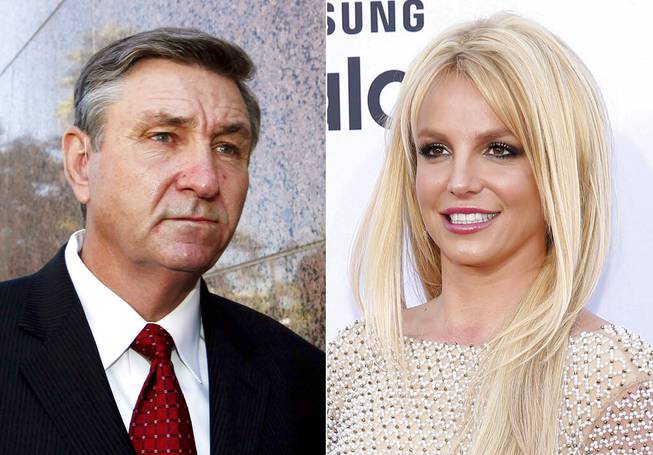 Jamie Spears, father of singer Britney Spears, leaves the Stanley Mosk Courthouse in Los Angeles on Oct. 24, 2012, left, and Britney Spears arrives at the Billboard Music Awards in Las Vegas on May 17, 2015. 