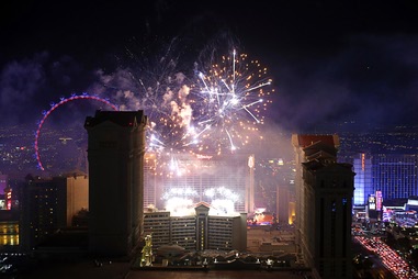 Fourth of July fireworks explode over Caesars Palace on Sunday, July 4,&nbsp;2021.