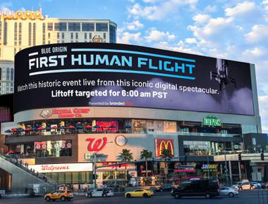 The Blue Origin Jeff Bezos takeoff, flight, reentry and landing will be broadcast live on the Branded Cities Network digital platform including the Harmon digital billboard on the Las Vegas Strip.