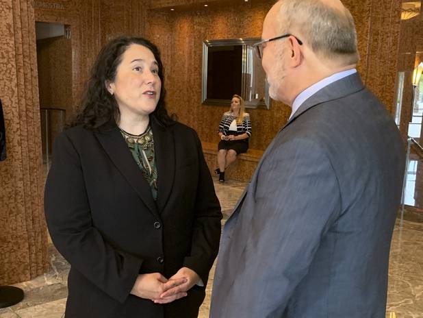Isabella Casillas Guzman, national administrator for the Small Business Administration, left, speaks with Myron Martin, president and CEO of the Smith Center at the Smith Center Sunday, July 18, 2021.  