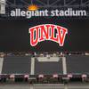 The UNLV logo is displayed on an LED screen at Allegiant Stadium Tuesday, July 27, 2021.