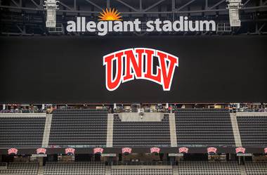 The UNLV logo is displayed on an LED screen at Allegiant Stadium Tuesday, July 27, 2021.