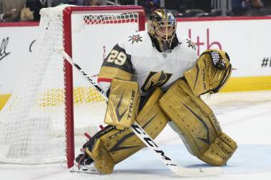 Vegas Golden Knights goaltender Marc-Andre Fleury (29) plays in Game 5 of the NHL Stanley Cup second-round playoff series against the Colorado Avalanche in Denver, in this Tuesday, June 8, 2021, file photo. Fleury, the reigning Vezina Trophy-winning goaltender was traded Tuesday, July 27, 2021, from Vegas to Chicago.