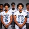 Members of the Canyon Springs High School football team are pictured during the Las Vegas Sun's high school football media day at the Red Rock Resort on August 3rd, 2021. They include, from left, Nyic'Quavayion, Hercules Ortega, Ryan Henderson, Buddy Yates and Isiaih William.