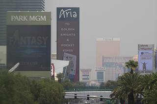 Smoke from California wildfires obscures the view of Strip casinos in Las Vegas Saturday, Aug. 7, 2021. The Clark County Department of Environment and Sustainability has issued an alert for smoke and ozone due to the wildfire smoke.