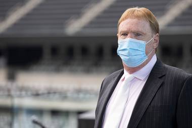 Las Vegas Raiders owner Mark Davis is shown before a news conference at Allegiant Stadium Tuesday, Aug. 17, 2021. Davis and other officials responded to questions about the Raiders new policy on vaccination requirements for fans at home games.