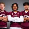 Members of the Faith Lutheran High School football team are pictured during the Las Vegas Sun's high school football media day at the Red Rock Resort on August 3rd, 2021. They include, from left, Gray Ryan, Jordan Pollard and Vili Fetapai.