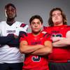 Members of the Coronado High School football team are pictured during the Las Vegas Sun's high school football media day at the Red Rock Resort on August 3rd, 2021. They include, from left, Ike Nnakenyi, Chris Avila and Elijah Edquilang.