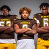 Members of the Bonanza High School football team are pictured during the Las Vegas Sun's high school football media day at the Red Rock Resort on August 3rd, 2021. They include, from left, Edward Jackson, Jacob Ah Mook Sang and Clarence Currin.