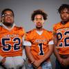 Members of the Legacy High School football team are pictured during the Las Vegas Sun's high school football media day at the Red Rock Resort on August 3rd, 2021. They include, from left, Lonnel Jones, Lennel Jones and Damarion Holloway.
