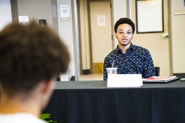 Sean’Jerrion Coleman-Rabb speaks during a “Break the Cycle of Violence Act” roundtable at North Las Vegas library Monday, Sept. 13, 2021.
