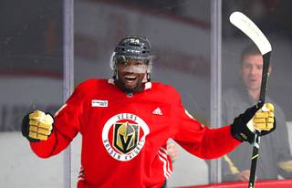Jermaine Loewen (#54) celebrates a goal during Vegas Golden Knights Rookie Camp at City National Arena in Summerlin Thursday, Sept. 16, 2021.