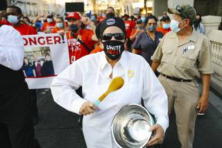 Members of the Culinary Workers Union, Local 226 protest on the Strip Friday, Sept. 24, 2021.