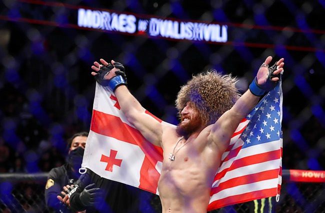 Merab Dvalishvili celebrates his third-round TKO victory over Marlon Moraes in a bantamweight bout during UFC 266 at T-Mobile Arena Saturday, Sept. 25, 2021. 