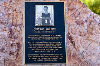 A memorial to Quinton Robbins at Heritage Park in Henderson Wednesday, Sept. 29, 2021. Quinton, 20, a City of Henderson sports department employee and basketball coach at Basic High School, was one of the 58 victims the Oct. 1 mass shooting in 2017.