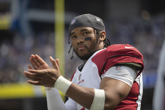 Arizona Cardinals quarterback Kyler Murray (1) applauses before an NFL football game against the Los Angeles Rams Sunday, Oct. 3, 2021, in Inglewood, Calif. 