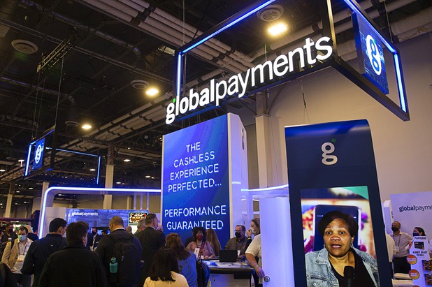 A view of the Global Payments booth during the Global Gaming Expo (G2E) at the Sands Expo Center Tuesday, Oct. 5, 2021.